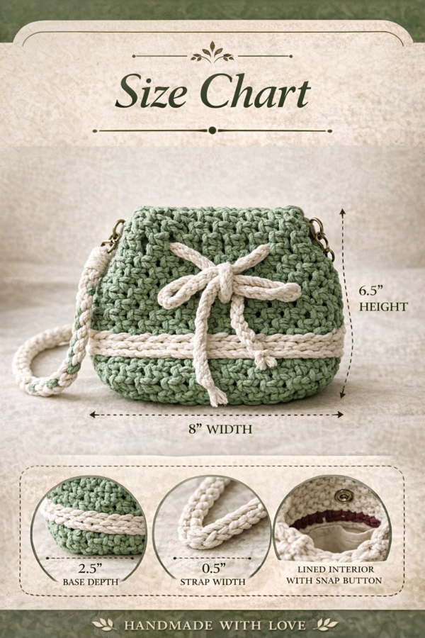 Handmade macrame potli bag in white with drawstring closure styled with casual outfit on wooden table