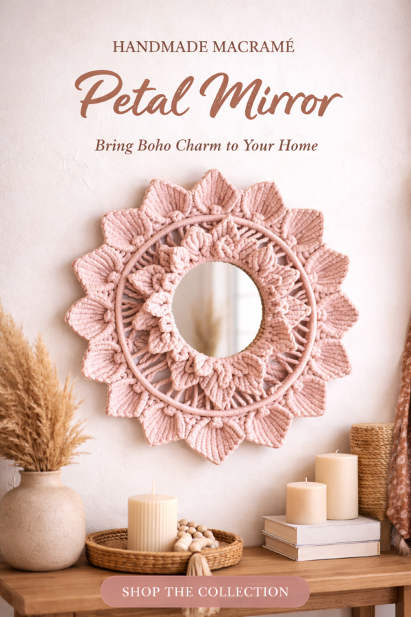 pink handmade macrame mirror handmade boho decor"