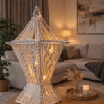 beige macrame lantern with warm light