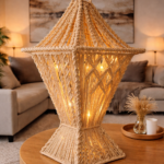 beige macrame lantern with warm light