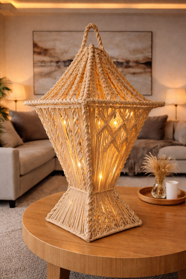 beige macrame lantern with warm light