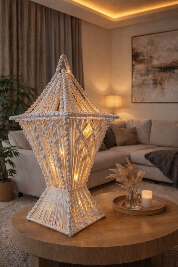 beige macrame lantern with warm light