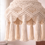 handmade macrame boho hanging lamp in white color hanging in boho living room