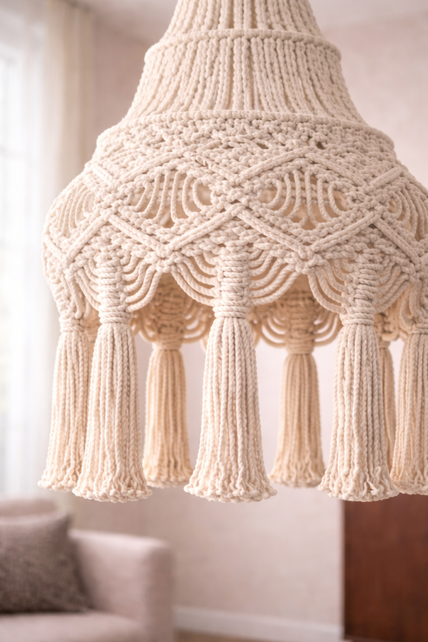 handmade macrame boho hanging lamp in white color hanging in boho living room