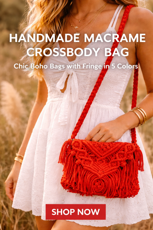 Red macrame crossbody tassel bag bohemian design