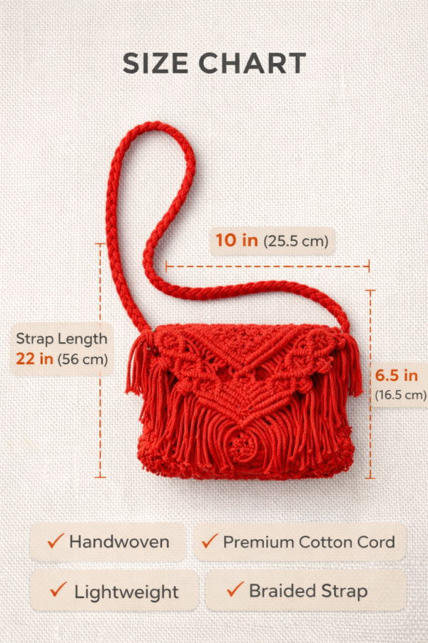 Red macrame crossbody tassel bag bohemian design