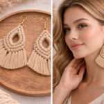 beige macrame fan earrings lightweight boho earrings