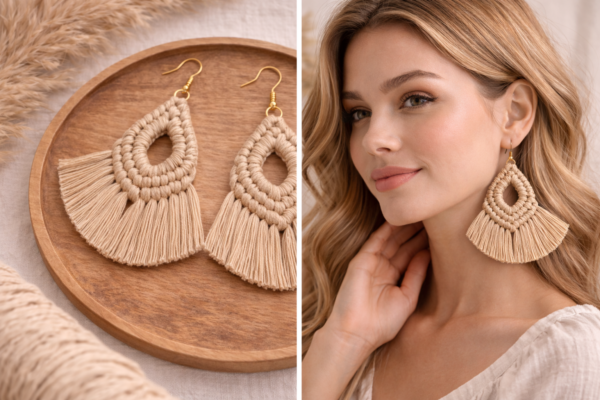 beige macrame fan earrings lightweight boho earrings
