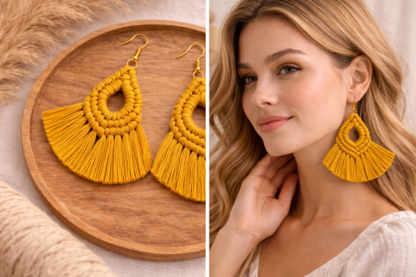 mustard macrame fan earrings handmade cotton earrings