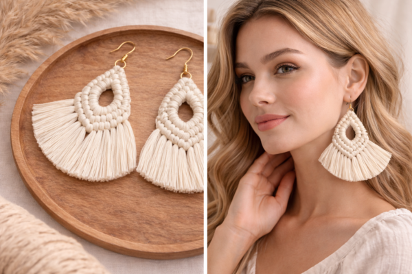 off white macrame fan earrings handmade boho jewelry