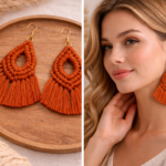 rust macrame fan earrings handmade boho jewelry