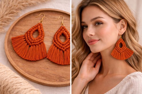 rust macrame fan earrings handmade boho jewelry