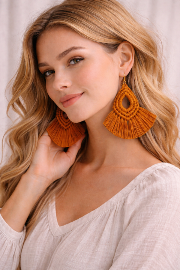 handmade macrame fan earrings boho fringe earrings