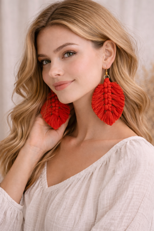 Handmade macrame feather earrings boho jewelry