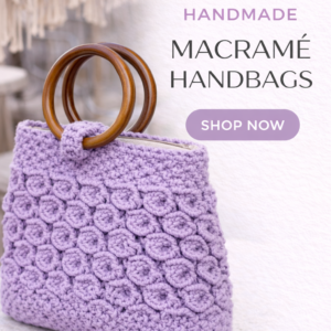 Handmade macrame cotton boho handbag in lavender color with intricate cotton knot design and wooden handles in a lifestyle setting