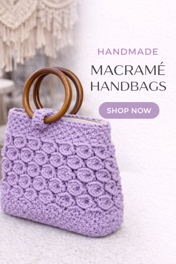 Handmade macrame cotton boho handbag in lavender color with intricate cotton knot design and wooden handles in a lifestyle setting
