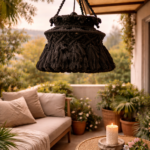 Handmade macrame hanging lamp in charcoal color for boho balcony decor