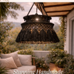 Handmade macrame hanging lamp in charcoal color for boho balcony decor