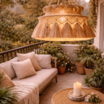 Handmade macrame hanging lamp in charcoal color for boho balcony decor