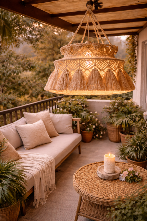 Handmade macrame hanging lamp in charcoal color for boho balcony decor