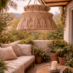 Handmade macrame hanging lamp in charcoal color for boho balcony decor
