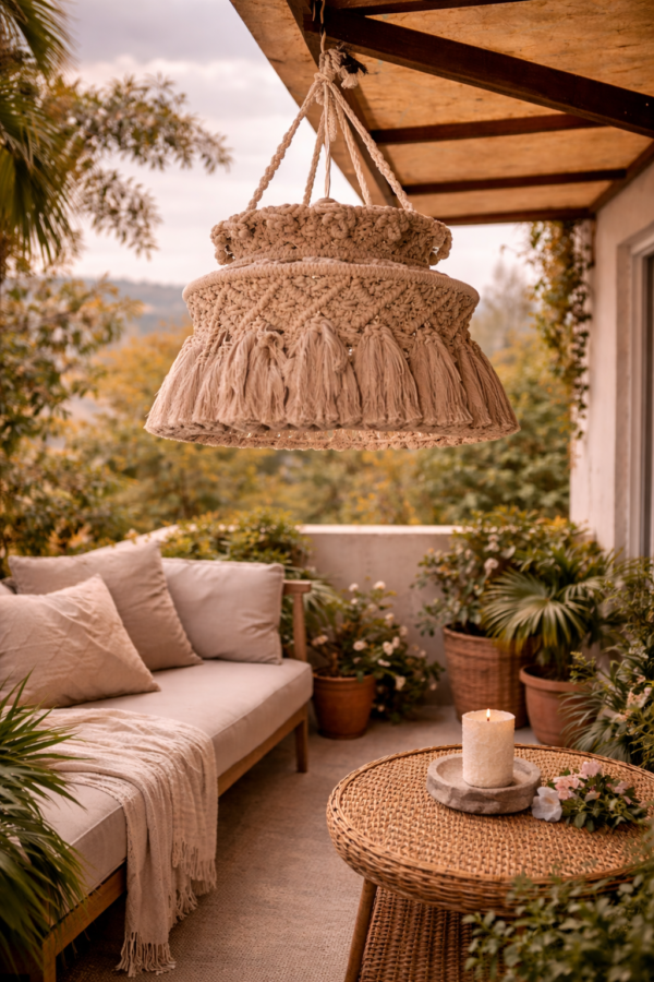Handmade macrame hanging lamp in charcoal color for boho balcony decor