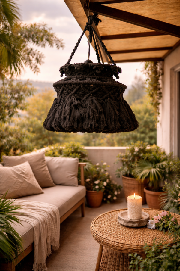 Handmade macrame hanging lamp in charcoal color for boho balcony decor