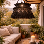 Handmade macrame hanging lamp in charcoal color for boho balcony decor