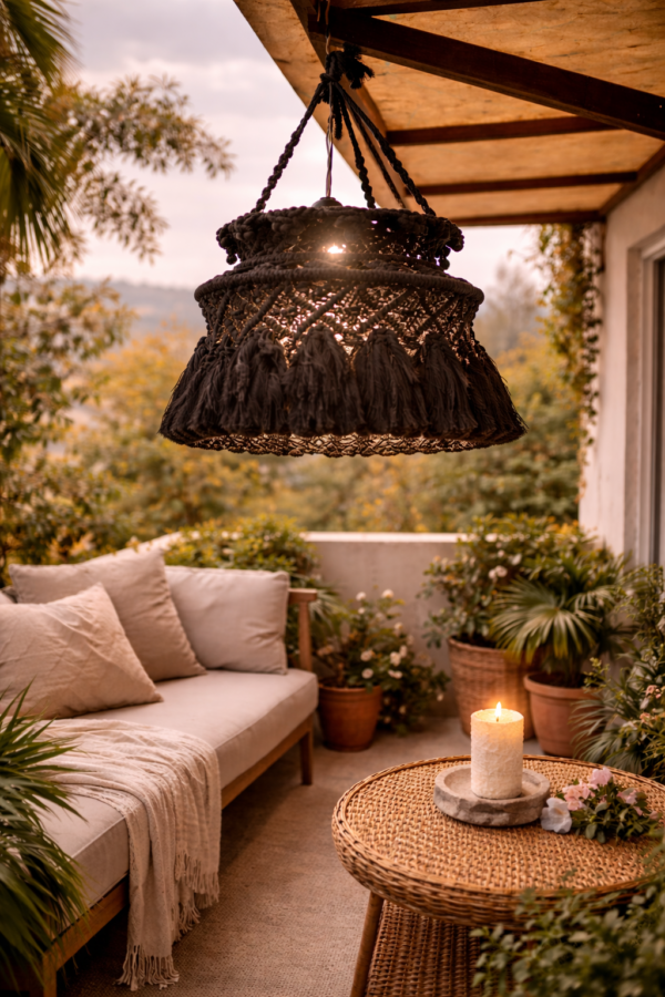 Handmade macrame hanging lamp in charcoal color for boho balcony decor