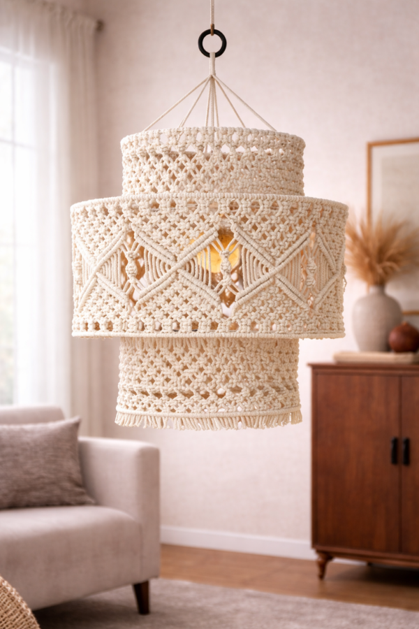 white handcrafted macrame hanging lamp handmade boho ceiling light