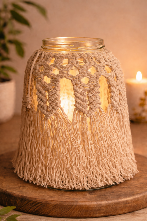beige macrame candle jar cover