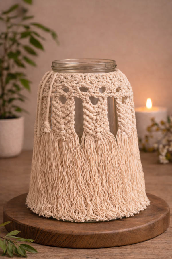 beige macrame candle jar cover