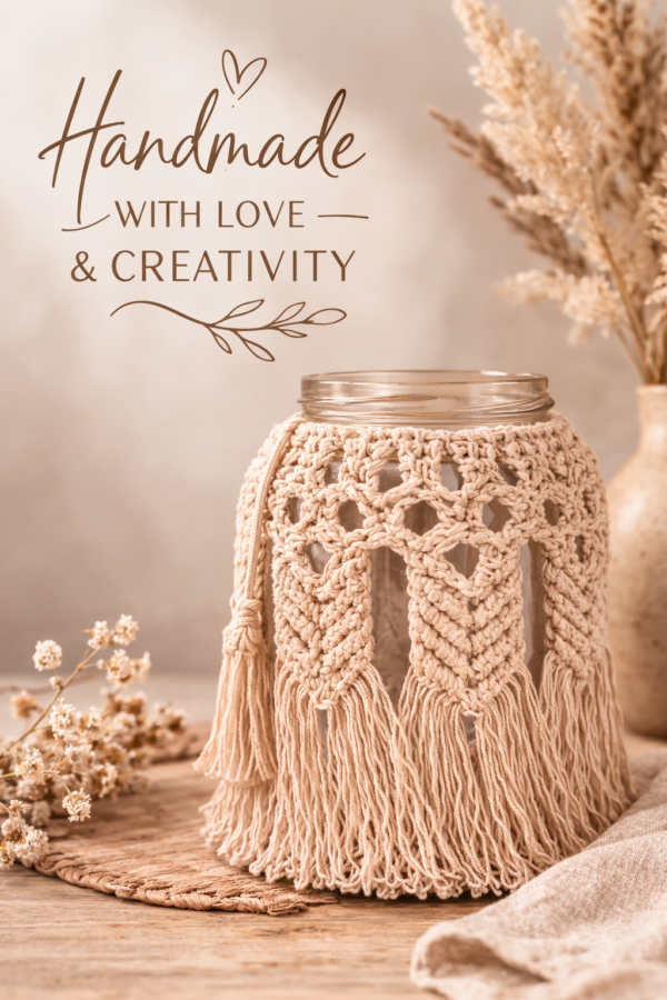 handmade beige macrame jar cover