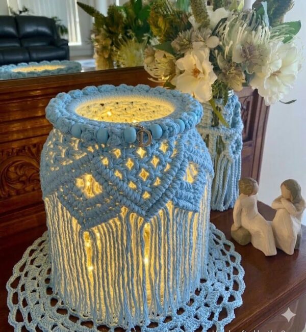 light blue color macrame jar cover