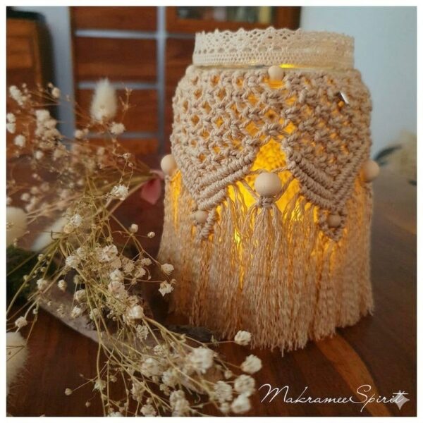 beige macrame candle jar cover