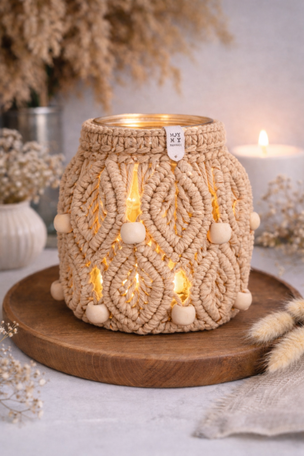 beige macrame candle jar cover