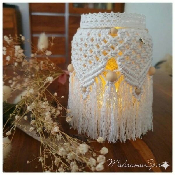 handmade macrame jar lantern white
