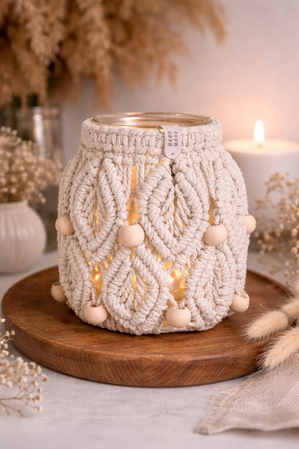 white macrame jar lantern