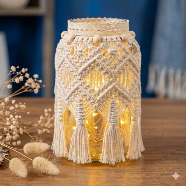 white macrame jar lantern cover