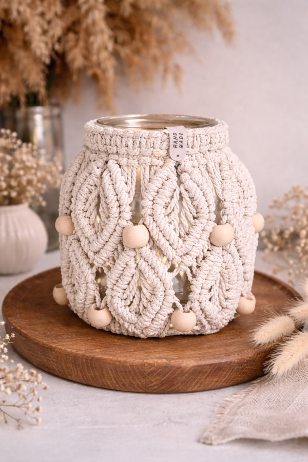 white macrame jar lantern