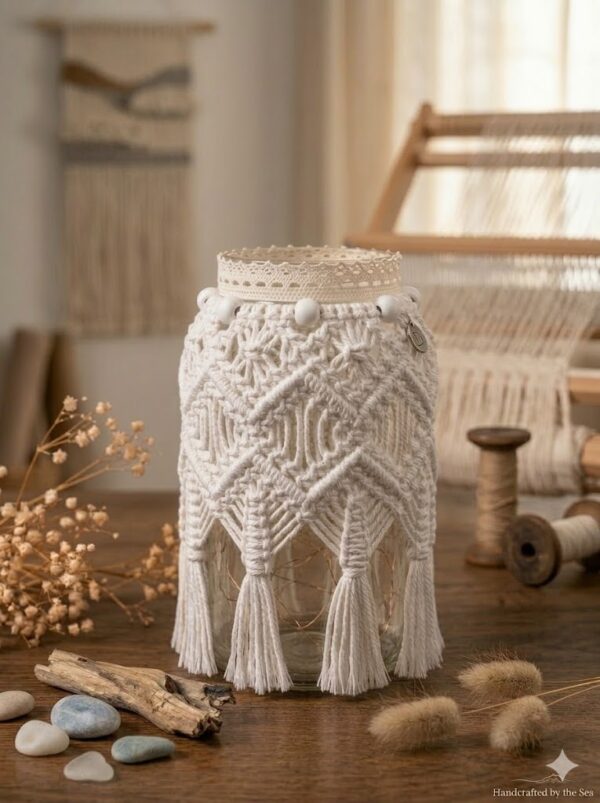 white macrame jar lantern cover