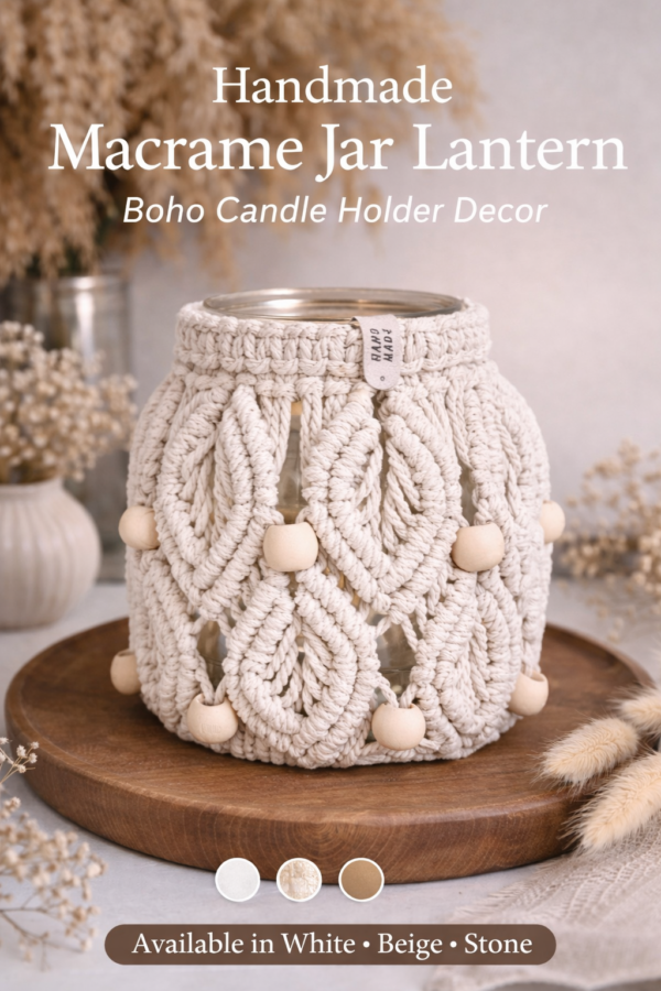 white macrame jar lantern
