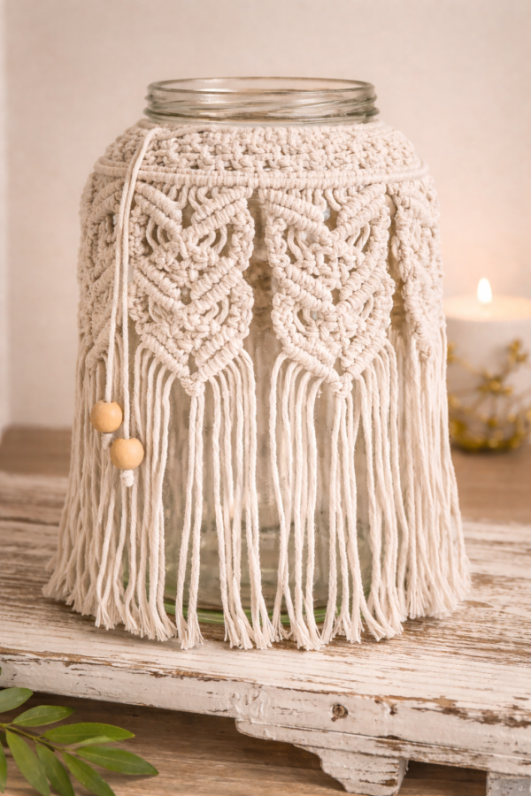 white macrame candle jar cover
