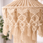 macrame pendant lamp glowing in cozy living room
