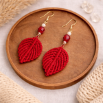 Red macrame leaf drop earrings handmade