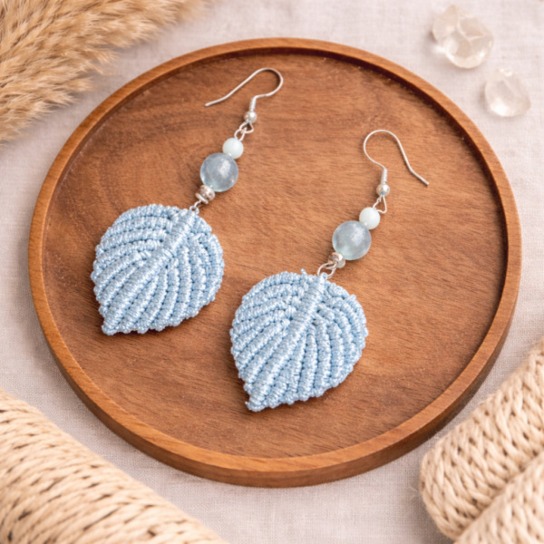 Light blue macrame leaf handmade earrings