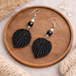 Black macrame leaf drop earrings boho jewelry