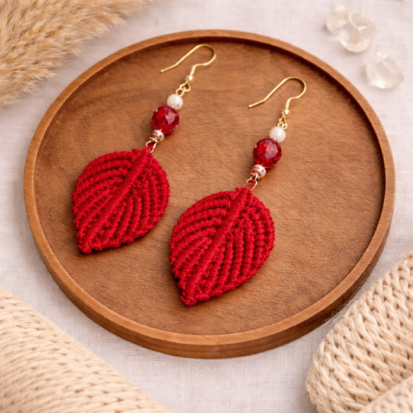 Red macrame leaf drop earrings handmade