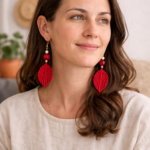 Red macrame leaf drop earrings handmade