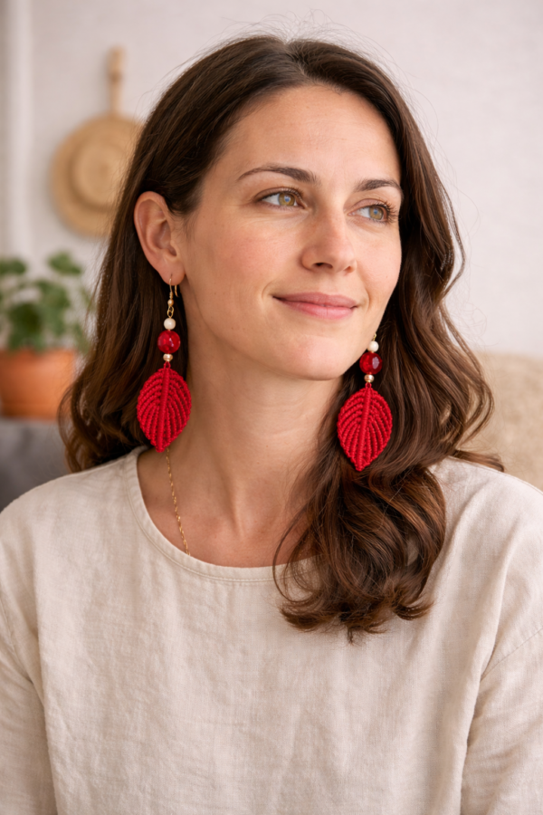 Red macrame leaf drop earrings handmade